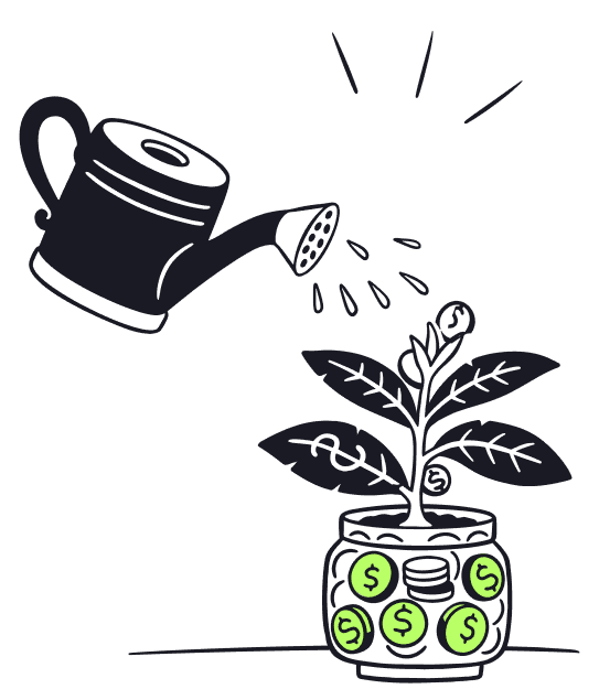 Illustration of a watering can pouring water onto a growing money plant in a jar of coins